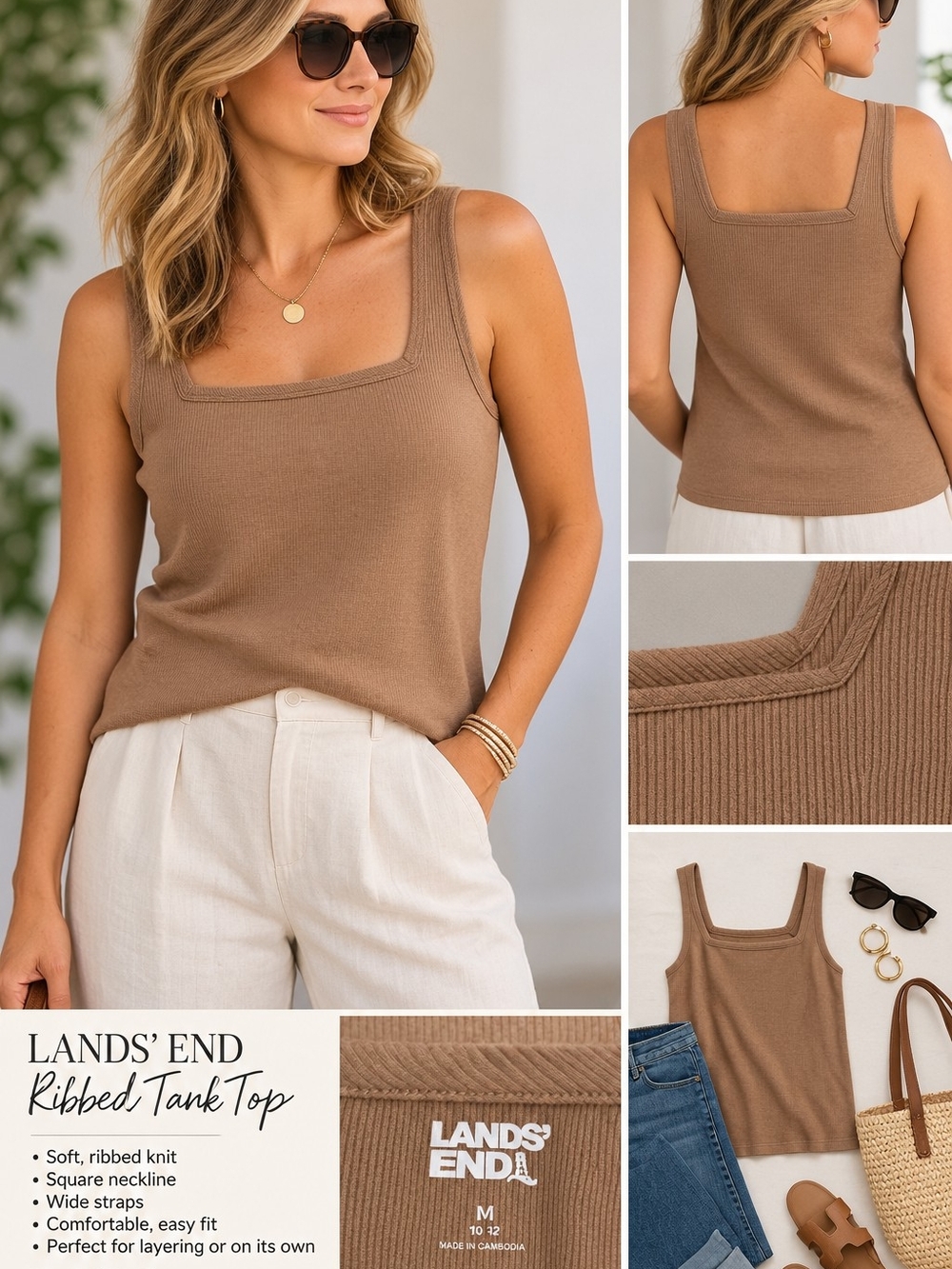 Lands’ End Brown Ribbed Square Neck Tank Top – Medium 10/12